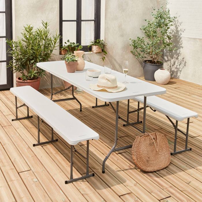 Set de table et bancs de réception. 180cm. pliables. avec poignée de transport. plastique blanc. table de camping