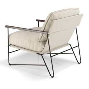 GASTON - Fauteuil tissu écru 1 coussin structure métallique noire, accoudoirs en bois