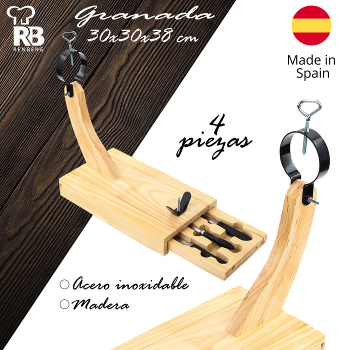 Set jamonero con cajonera, con chaira y cuchillo Renberg