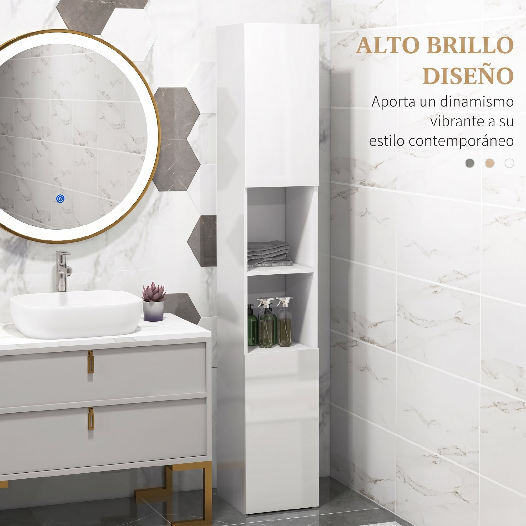 kleankin Armario de Baño Alto, Mueble de Baño Estrecho con Puertas y Estantes Ajustables, 30x30x81,5 cm, Blanco Brillo