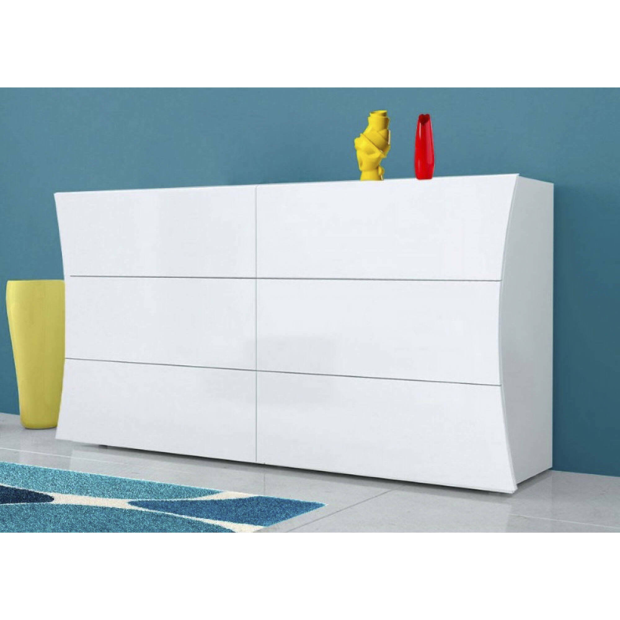 Comò geometrico moderno, Made in Italy, Mobiletto per Soggiorno e Camera, Credenza 6 cassetti, cm 155x40h82, colore Bianco lucido