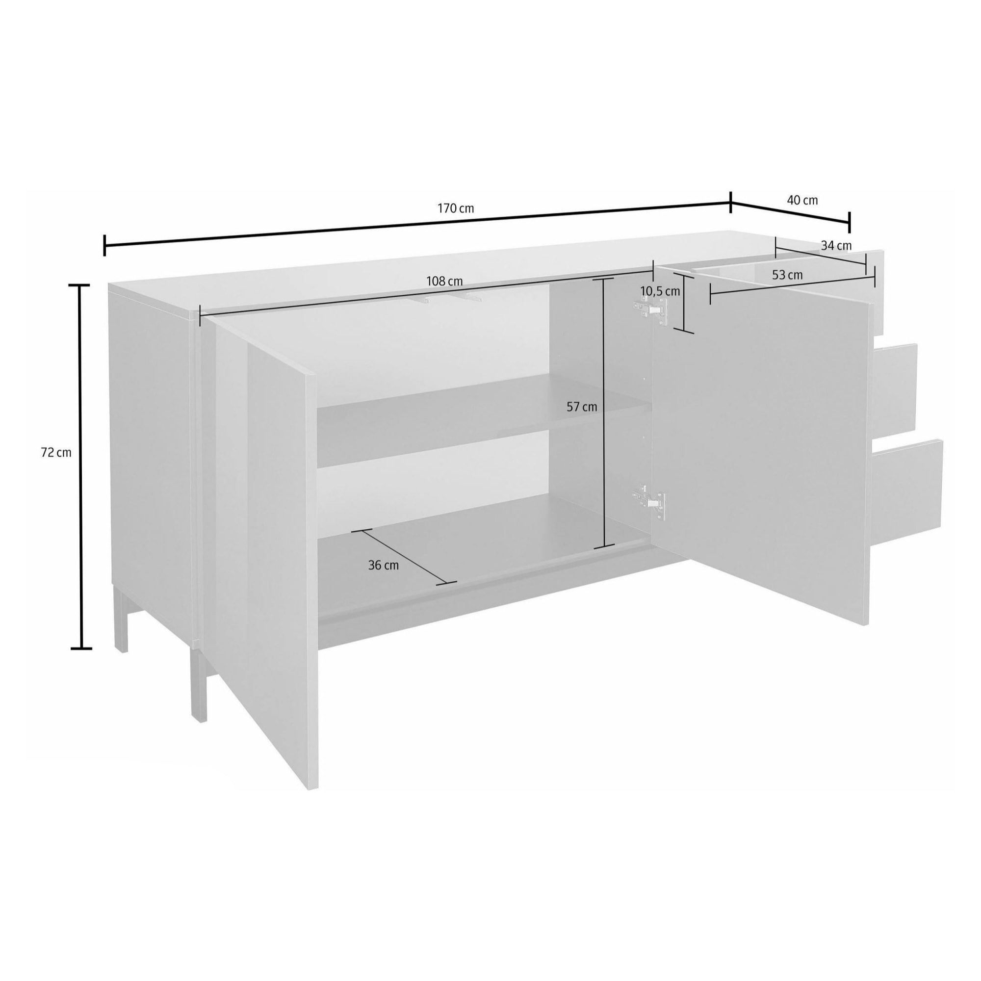 Credenza moderna a 2 ante e 3 cassetti, Made in Italy, Madia da cucina rialzata, Buffet di design da soggiorno, cm 170x40h47, colore Bianco lucido