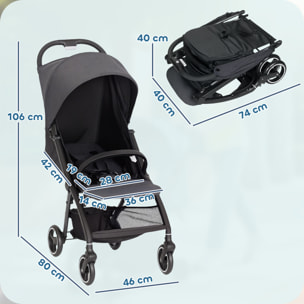 Silla de Paseo Ligera, Carrito para Bebé Plegable, Respaldo Reclinable, Reposapiés Ajustable, Capota, Cesta, Arnés de 5 Puntos, Carga Máxima 15 kg, Gris Oscuro