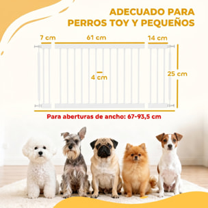 Barrera de Seguridad para Perros Pequeños Extensible 67-93,5 cm, Altura 45 cm, para Puertas y Escaleras, Puerta para Perros con Montaje a Presión, 2 Extensiones 7/14 cm, Blanco