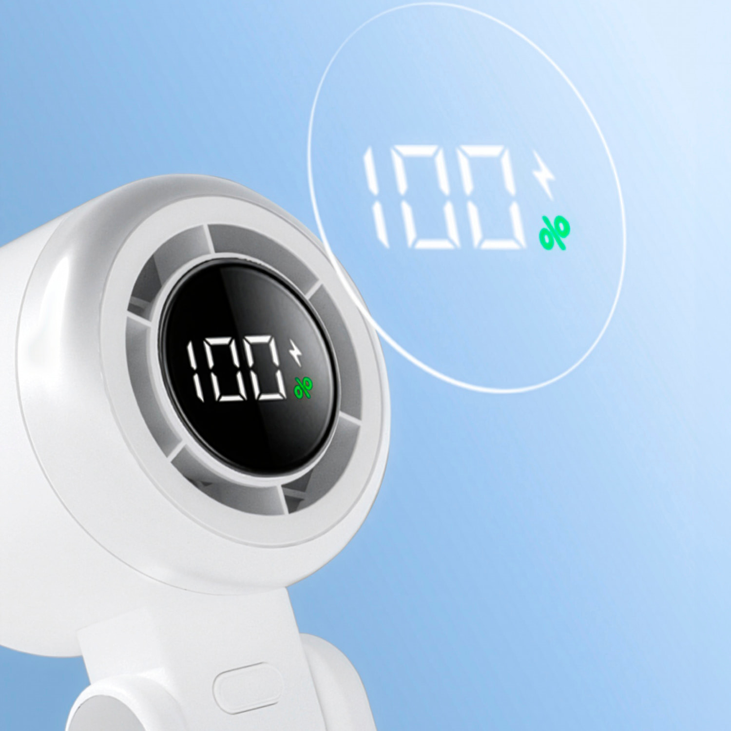 Ventilador portátil S1061 con 199 velocidades de regulación continua, pantalla LCD y visualización en tiempo real del nivel de batería. Incluye lanyard para colgar.