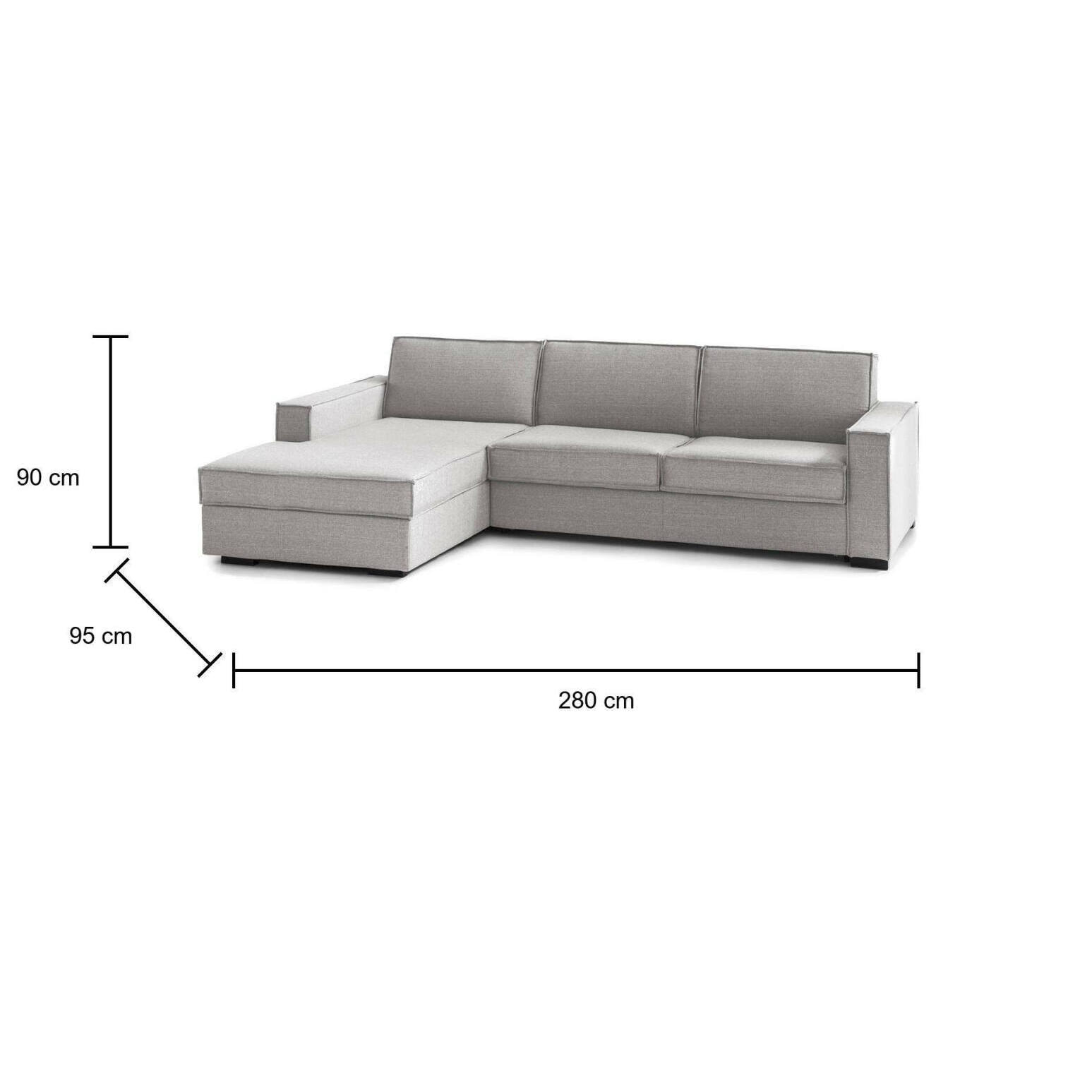 Divano Letto Adelina, Divano ad angolo, 100% Made in Italy, Sofà con apertura girevole, Penisola contenitore Sinistra, con Braccioli standard, Cm 280x95h90, Grigio