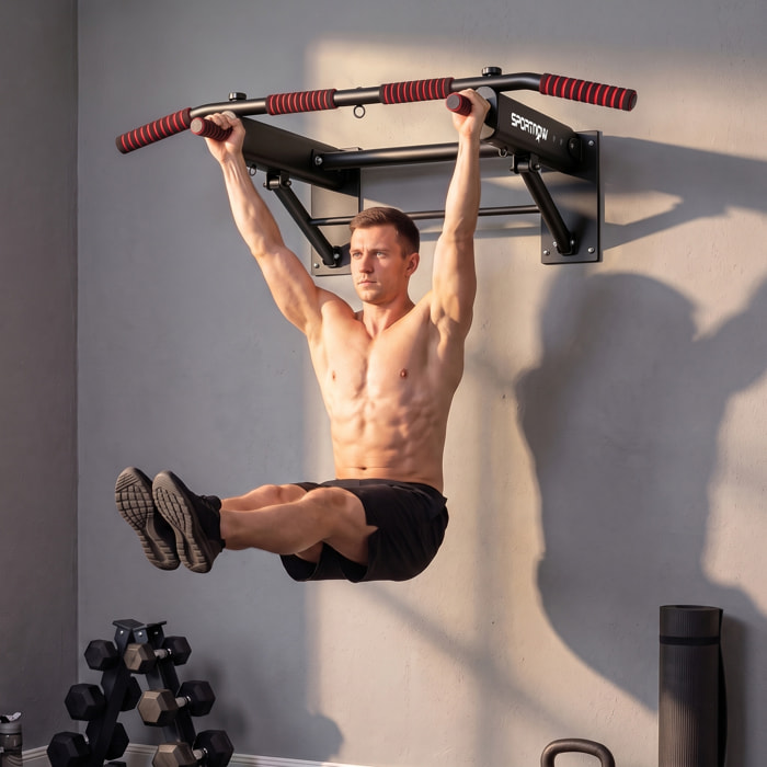 SPORTNOW Barra de Dominadas para Pared Plegable, Barra de Dominadas con 3 Anillas para Bandas de Resistencia, Agarres Antideslizantes, Carga 120 kg, para Entrenamiento en Casa, Gimnasio, Negro