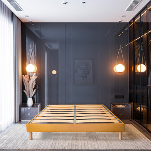 Sommier Lumière Technologie Tri-Lattes, tissu jaune, Bois Épicéa, H30 cm, Lattes Actives, Aération Optimale