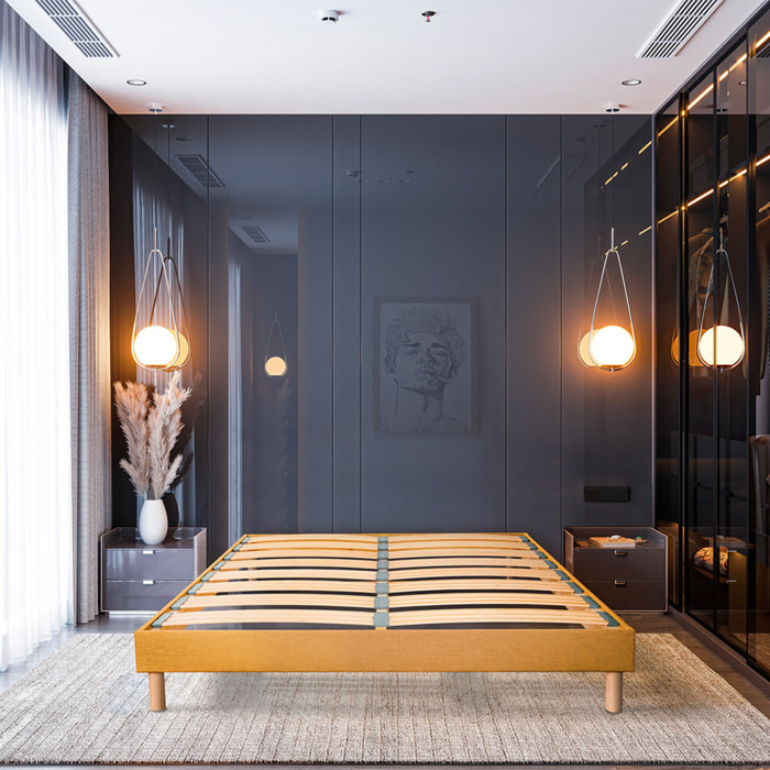 Sommier Lumière Technologie Tri-Lattes, tissu jaune, Bois Épicéa, H30 cm, Lattes Actives, Aération Optimale