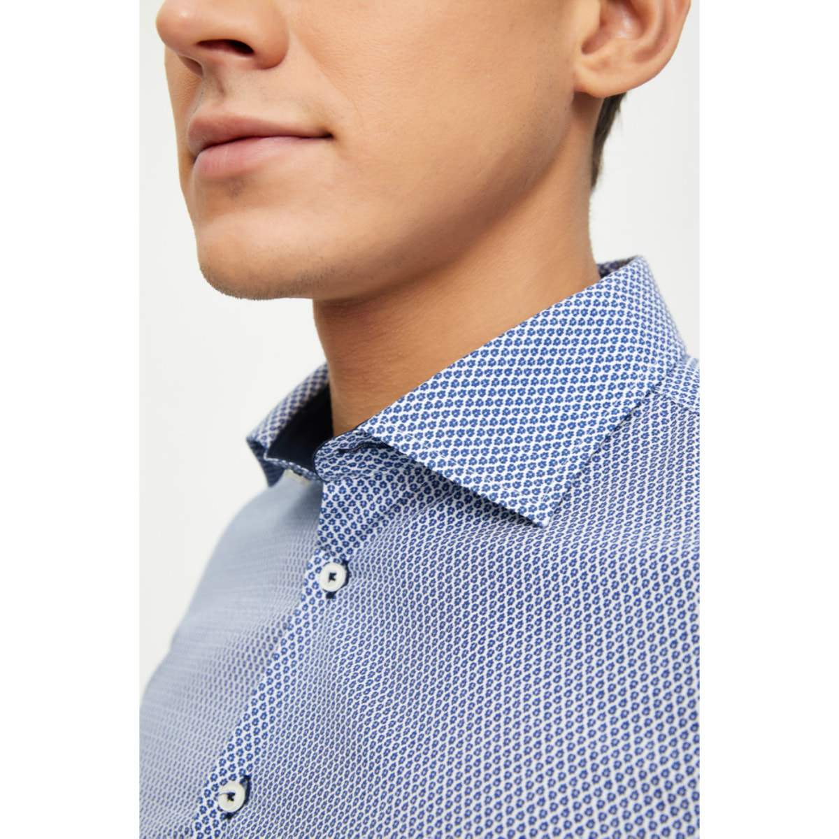 Camicia Uomo 1 Bottone Francese Slim Cotone Poliestere Stampato Blu\Bianco