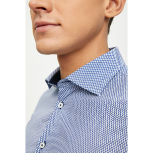 Camicia Uomo 1 Bottone Francese Slim Cotone Poliestere Stampato Blu\Bianco