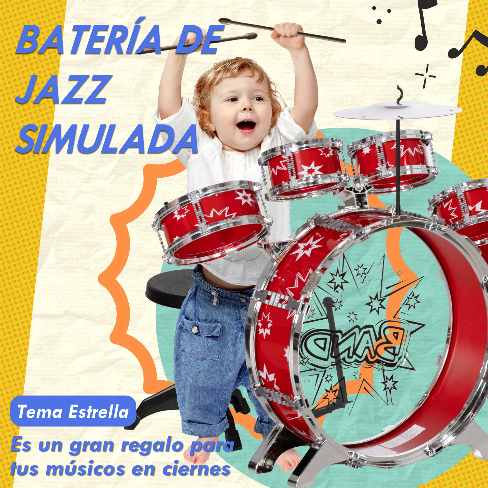 Batería Infantil con Taburete Batería para Niños de +3 Años con Tambores Bombo Platillo Pedal y Baquetas Diseño con Tema de Estrellas 65x22x57 cm Rojo