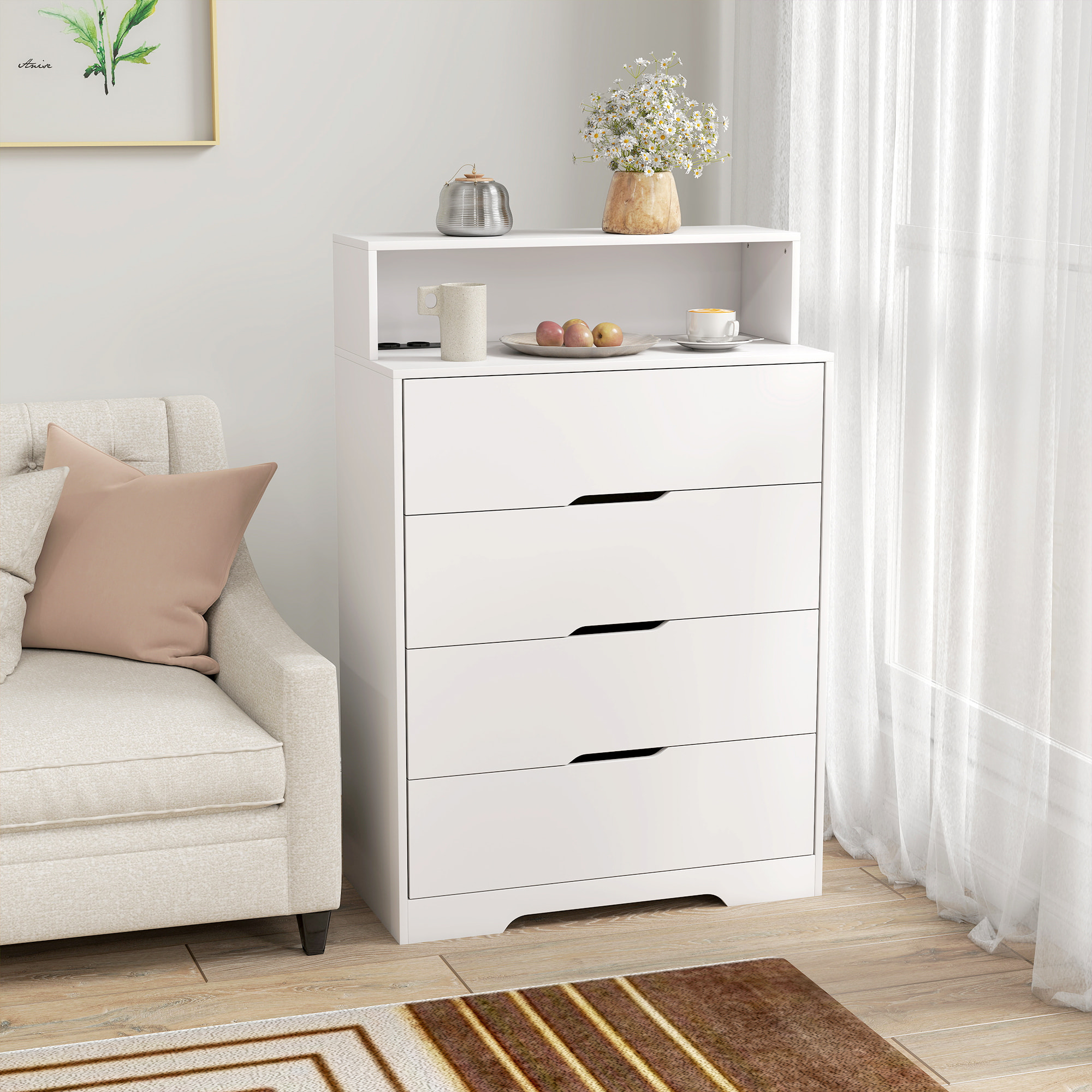 Cómoda de 4 Cajones con Estación de Carga, Cajonera para Dormitorio con Puerto USB, Puerto USB-C, Estante Abierto, 80x40x120 cm, Blanco