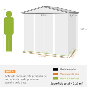 Caseta de Jardín Exterior, 2,27 m² 190x131x188 cm, Cobertizo de Jardín Exterior Metálico con 2 Ventilaciones, Puerta con Cerradura, para Almacenamiento de Herramientas, Gris
