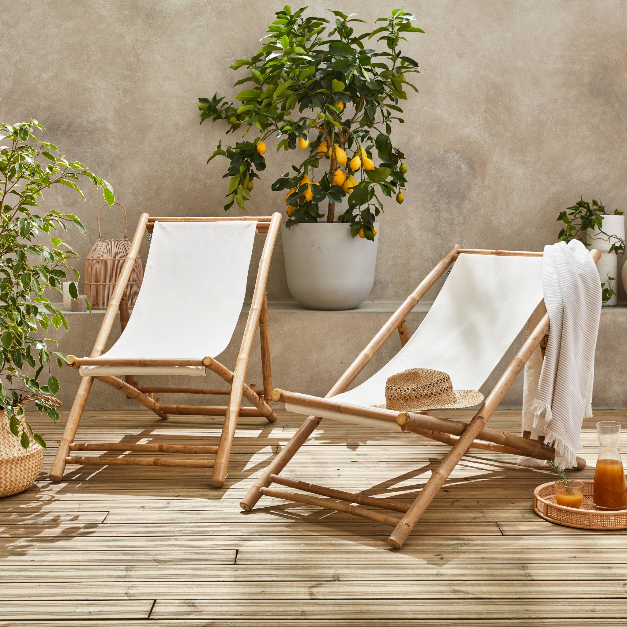 Lot de 2 chiliennes en bambou. toile naturelle polyester et coton. DAVAO L110 x P60 x H94cm