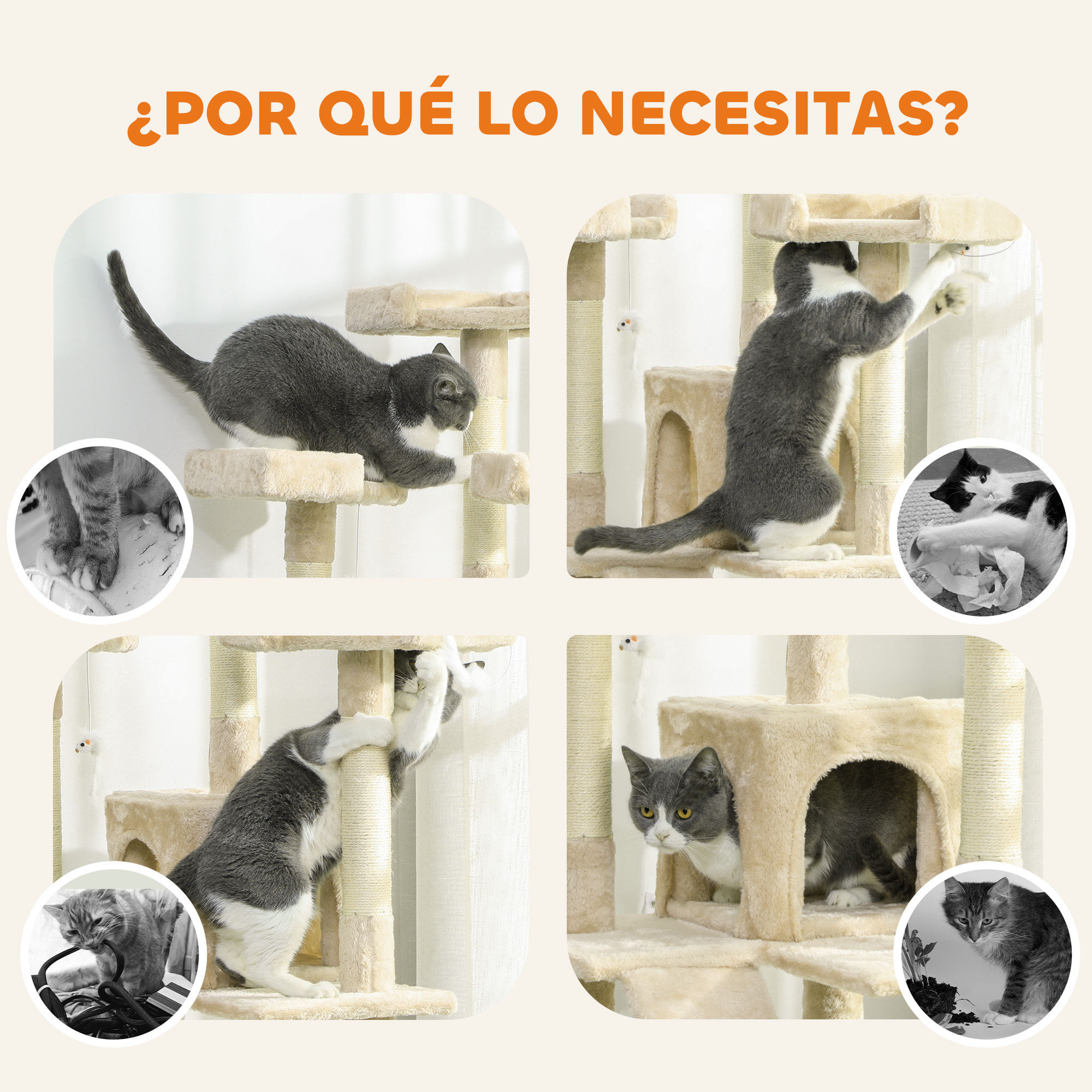 Árbol Rascador para Gatos, Árbol para Gatos 153 cm, Torre Escalador con 2 Cuevas, 3 Camas, 2 Rampas, Postes de Sisal, 2 Ratones Colgantes, Crema