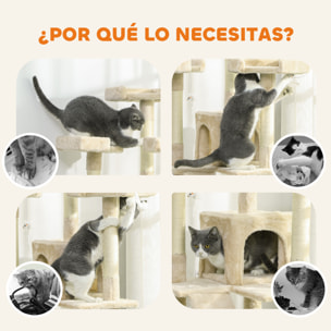 Árbol Rascador para Gatos, Árbol para Gatos 153 cm, Torre Escalador con 2 Cuevas, 3 Camas, 2 Rampas, Postes de Sisal, 2 Ratones Colgantes, Crema