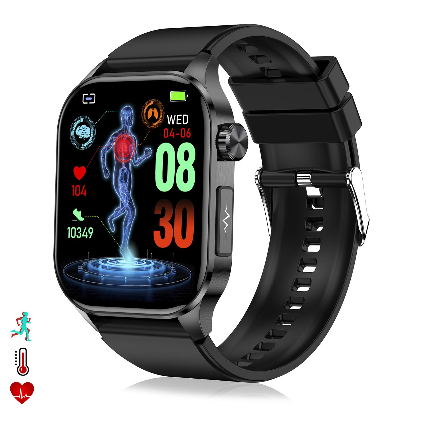 DAM Smartwatch ET580. ECG con banda para pecho, glucosa en sangre, ácido úrico y lípidos, IMC grasa corporal, temperatura, O2 y tensión. 5,3x1,1x4 Cm. Color: Negro