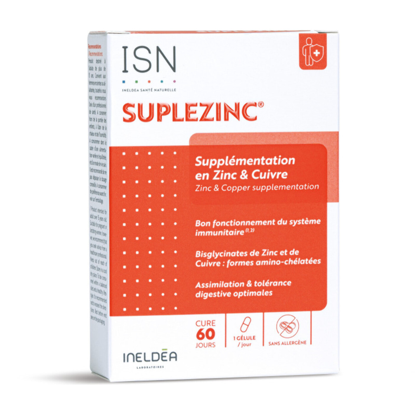 ISN - Suplezinc - Complément alimentaire avec Bisglycinates de Zinc et de Cuivre - Soutient le fonctionnement immunitaire et offre une action antioxydante - Cure de 2 mois
