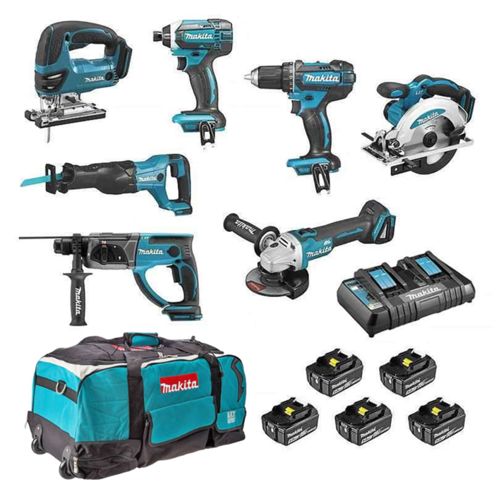Pack de 7 machines 18V - Perceuse DDF482 + Visseuse DTD152 + Meuleuse DGA504 + Scie DSS610 + Perfo DHR202 + Scie DJR186 + Scie DJV180 - MAKITA - avec 5 batteries 18V 5Ah + chargeur double rapide + Sac outillage - DLX7013PT1