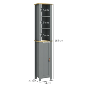 Meuble colonne rangement de salle de bain sur pied porte 2 étagères 3 niches aspect bois clair gris