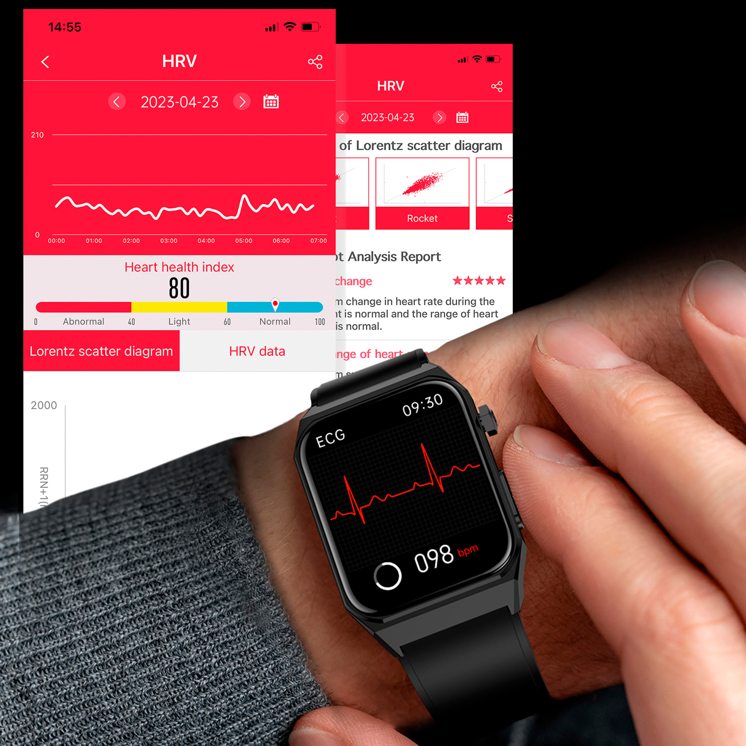 Smartwatch E530 con detección de glucosa en sangre, monitor de tensión y O2. ECG con medición en pecho. Pantalla de 1,91. Correa de cuero.