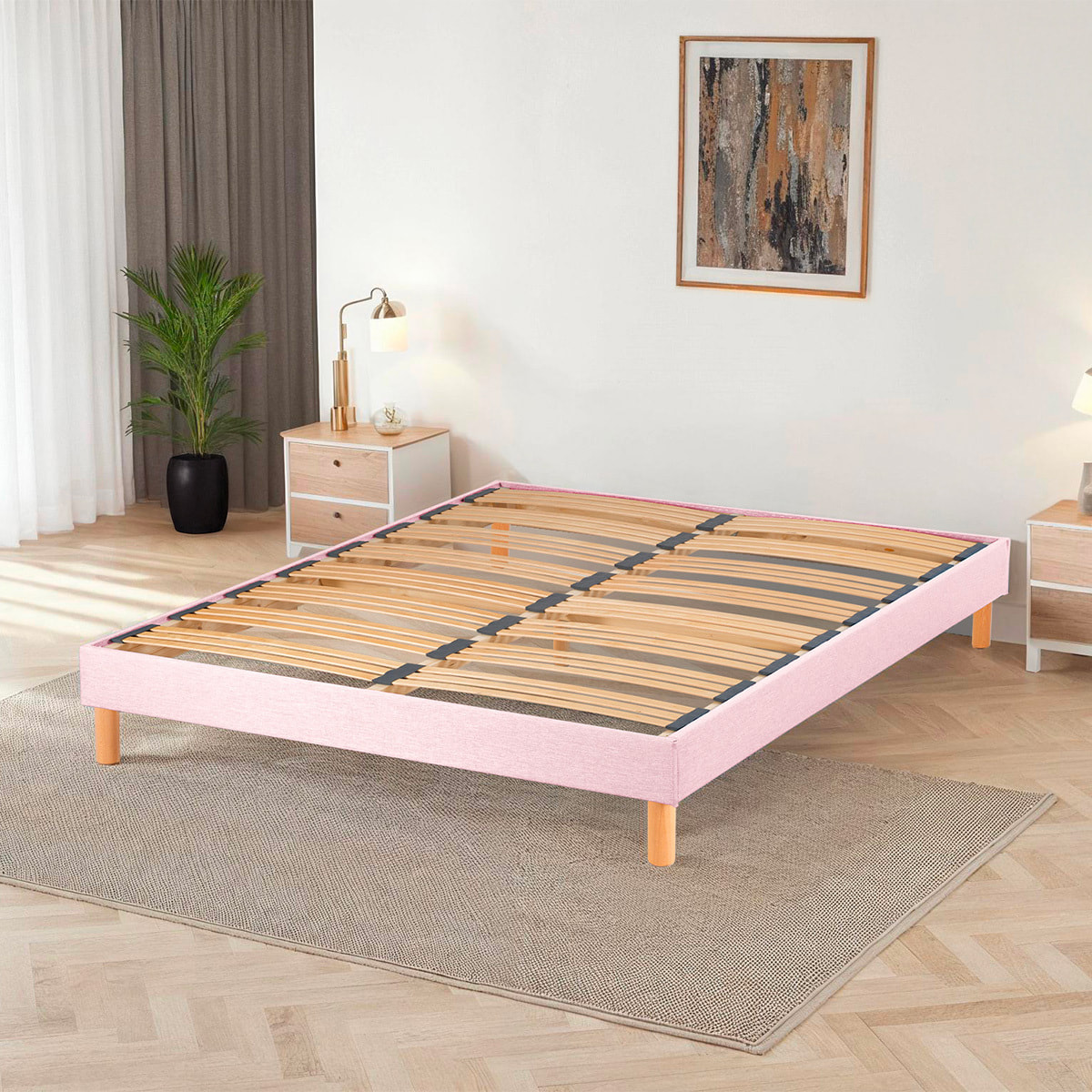 Sommier Lumière Technologie Tri-Lattes, tissu rose, Bois Épicéa, H30 cm, Lattes Actives, Aération Optimale