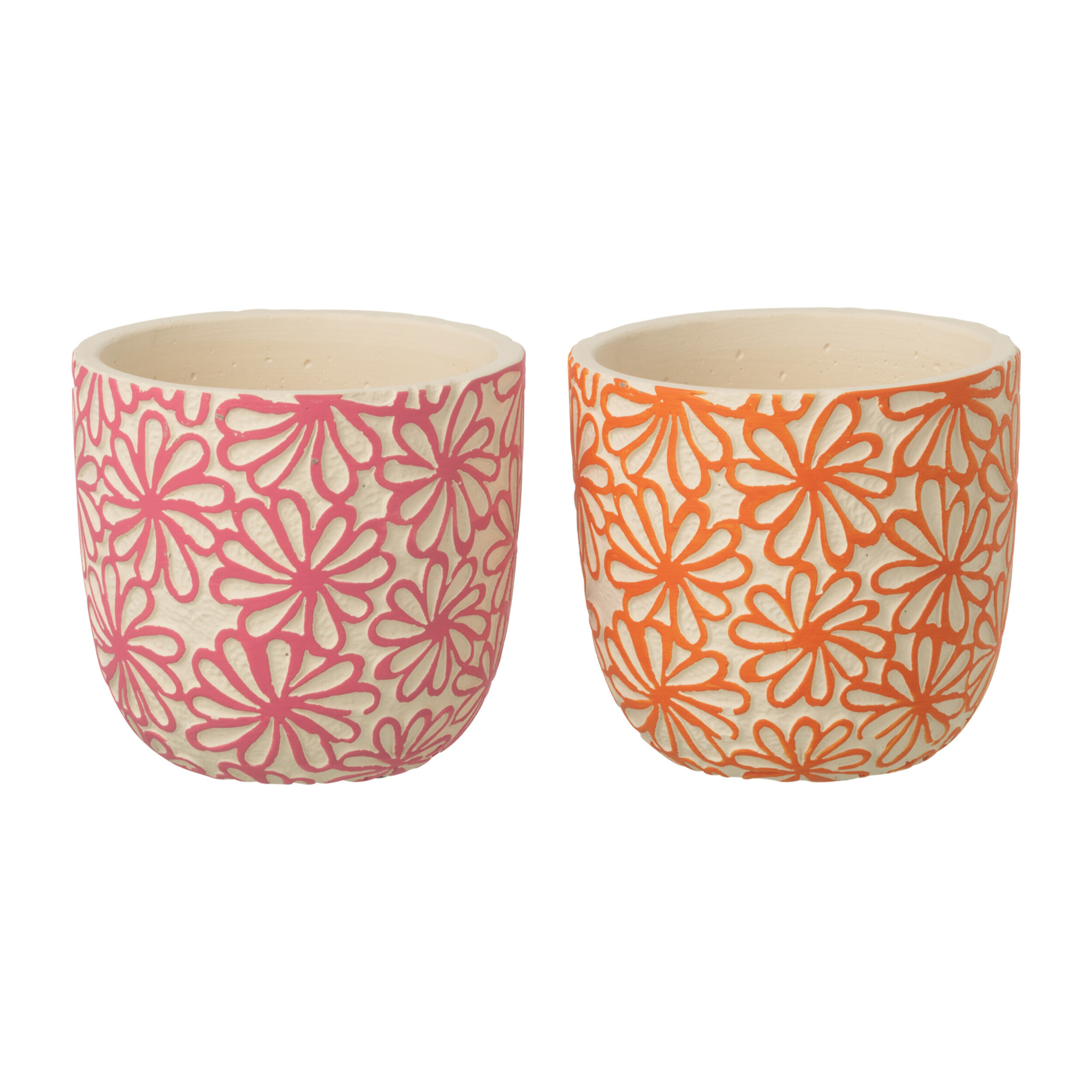 J-Line Cache-pot Rond Fleurs - céramique - rose/orange - large - 2 pièces
