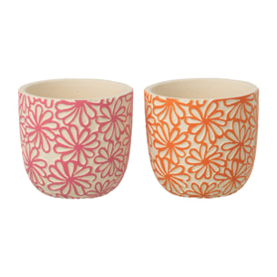 J-Line Cache-pot Rond Fleurs - céramique - rose/orange - large - 2 pièces