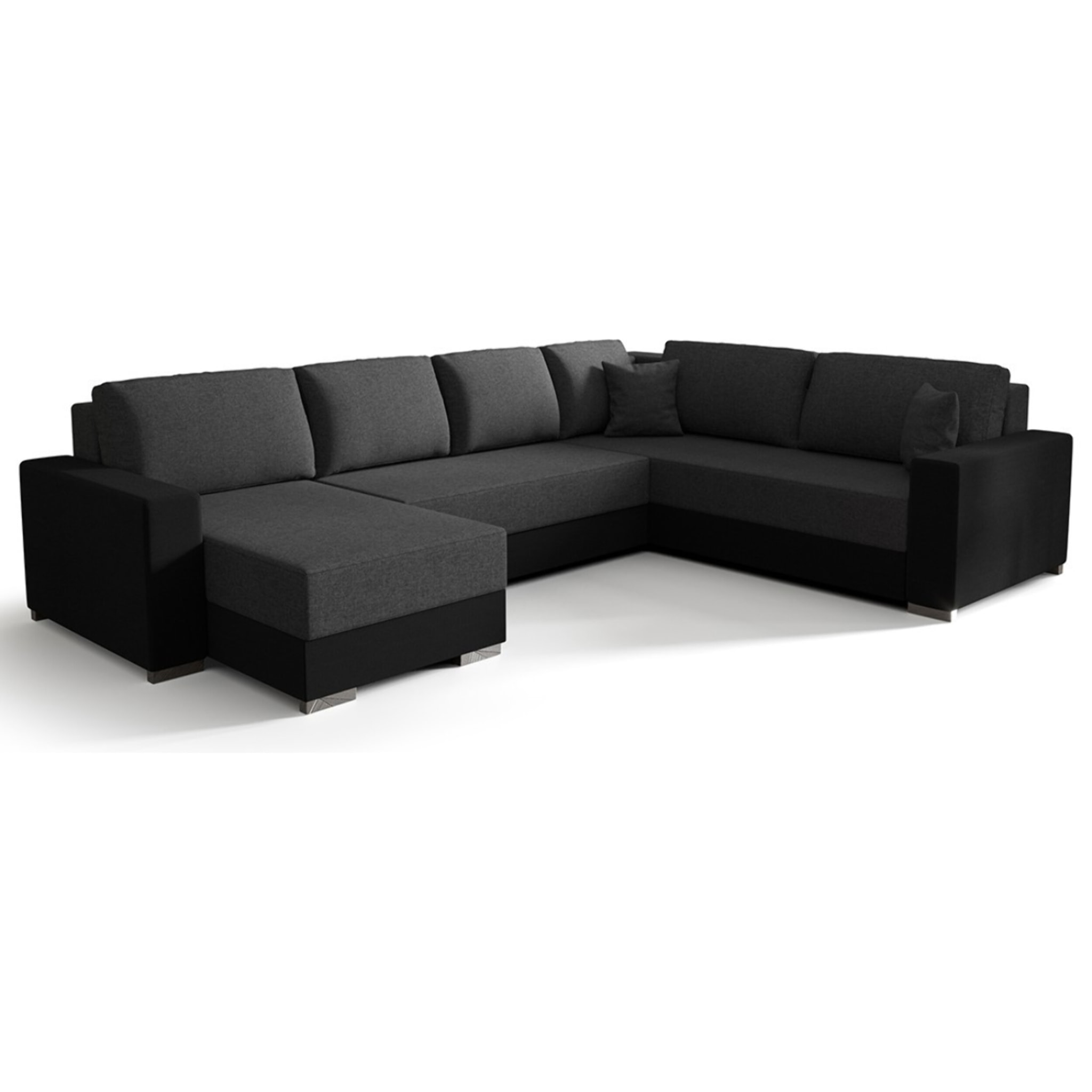 Epona - Canapé panoramique d'angle réversible 7 places convertible avec coffre en tissu - Gris / Noir