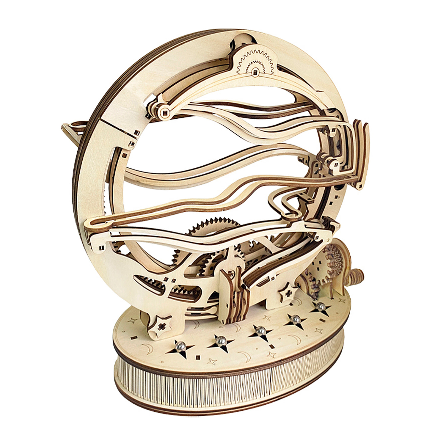 Maqueta de Madera 3D, con movimiento mecánico diseño de Volteador Orbital Mecánico con Manivela. 236 piezas.