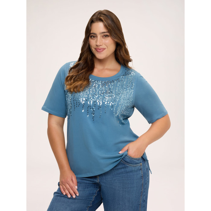 Fiorella Rubino - T-shirt in cotone con paillettes a cascata - Azzurro