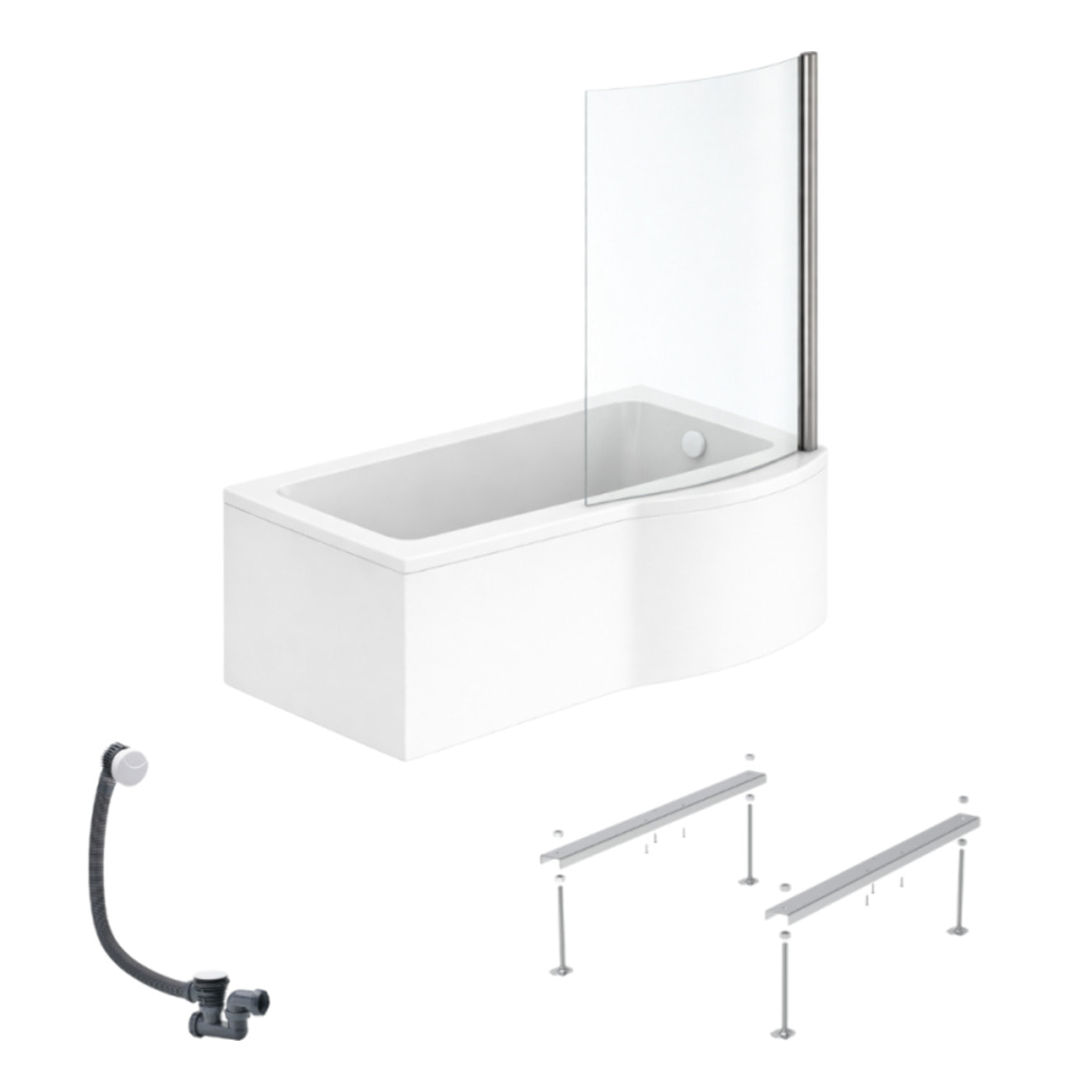 Pack baignoire bain douche 150 x 80 cm droite Connect Air + tablier + pare bain fixe  + pieds + vidage Blanc