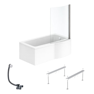 Pack baignoire bain douche 150 x 80 cm droite Connect Air + tablier + pare bain fixe  + pieds + vidage Blanc