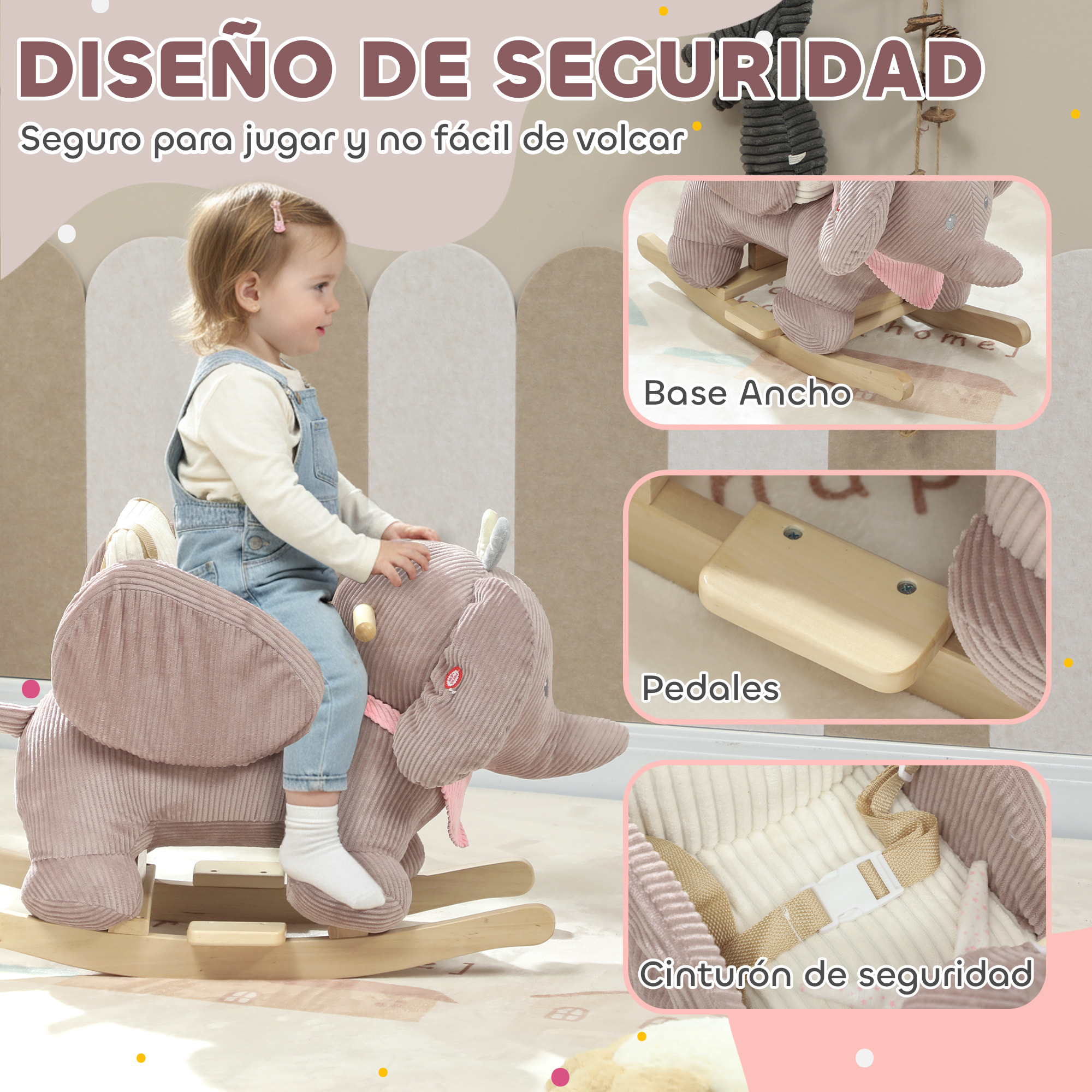 Caballito Balancín para Bebés con Sonido de Elefante y Cinturón de Seguridad de 3 Puntos Caballo Juguete con Base de Madera de Álamo para Niños de 18-36 Meses Marrón