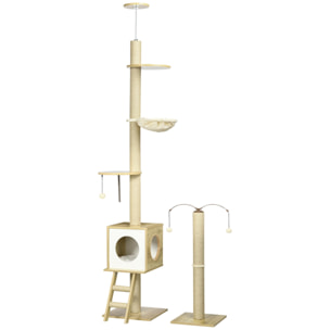 Árbol para Gatos del Suelo al Techo 225-285 cm Altura Ajustable Árbol para Gatos Grande con Plataformas Hamaca Caseta Poste de Yute Rampa y Bolas 40x40x225-285 cm Beige