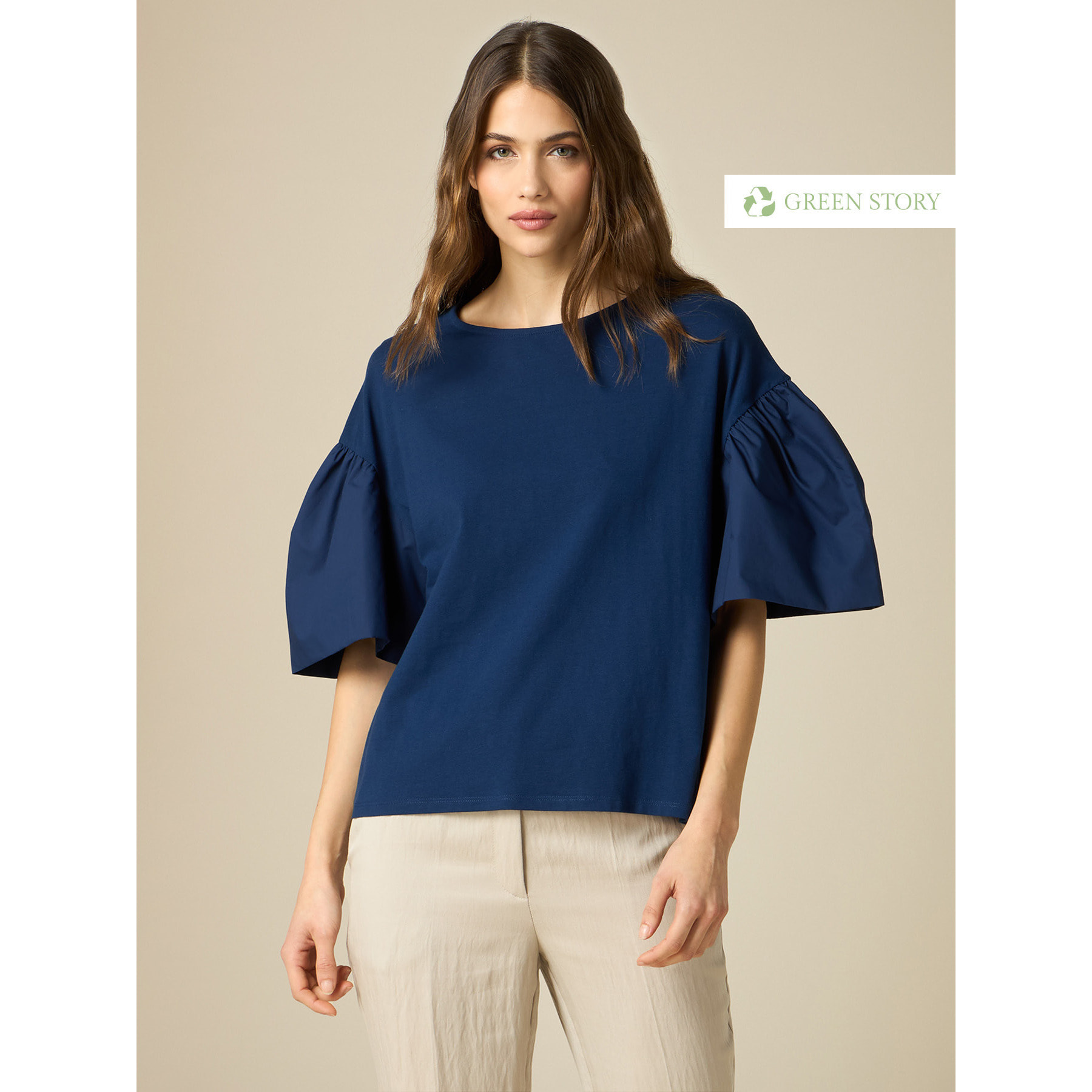 Oltre - T-shirt con maniche in popeline - Blu