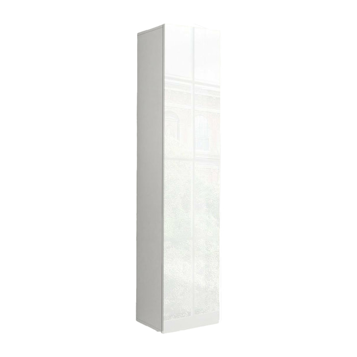 Colonna pensile a 1 anta, Made in Italy, Mobile moderno, Mobiletto multiuso con 1 anta e 4 ripiani, cm 40x30h180, colore Bianco lucido