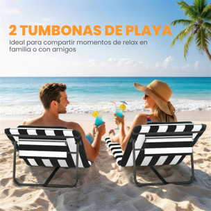 Conjunto de 2 Esterillas de Playa Plegable, Esteras Portátil con Respaldo Ajustable, Reposacabezas Acolchado Tela Oxford 600D y Estructura de Metal, para Jardín, 150x50x2 cm, Gris y Blanco
