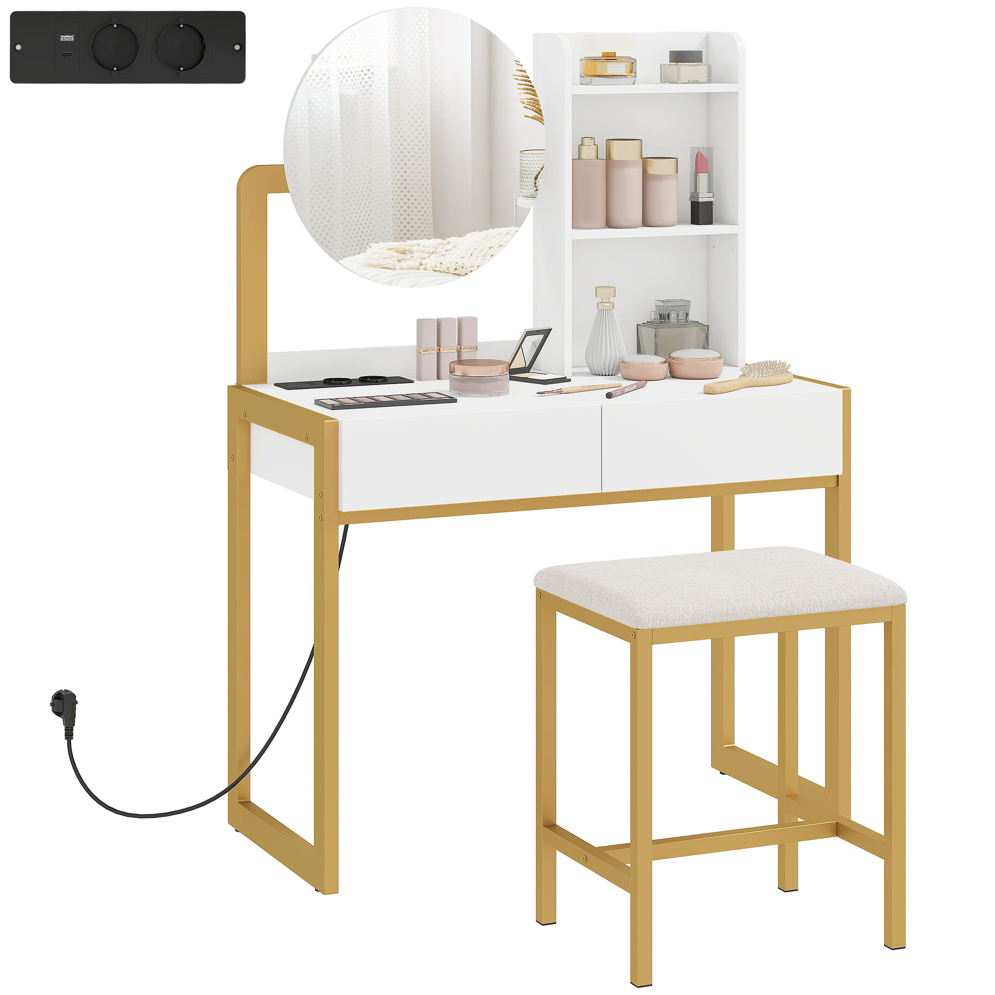 Tocador de Maquillaje con Espejo y Taburete Acolchado, Tocador con Estación de Carga, 2 Cajones, 3 Estantes Abiertos, Puerto USB, Estructura Metálica, para Dormitorio, Blanco