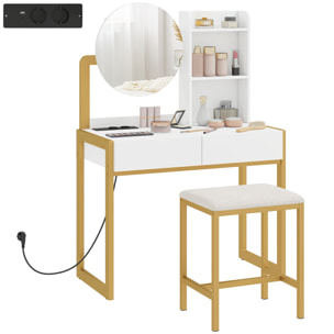 Tocador de Maquillaje con Espejo y Taburete Acolchado, Tocador con Estación de Carga, 2 Cajones, 3 Estantes Abiertos, Puerto USB, Estructura Metálica, para Dormitorio, Blanco