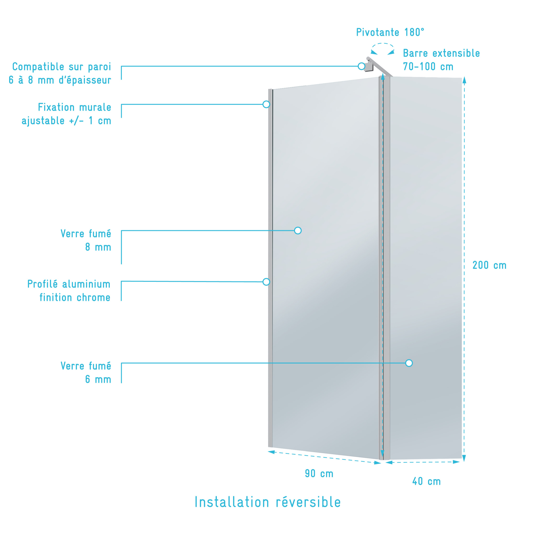 Paroi de Douche et Volet Pivotant 90+40x200cm - Verre Fumé + Barre Fixation Chrome