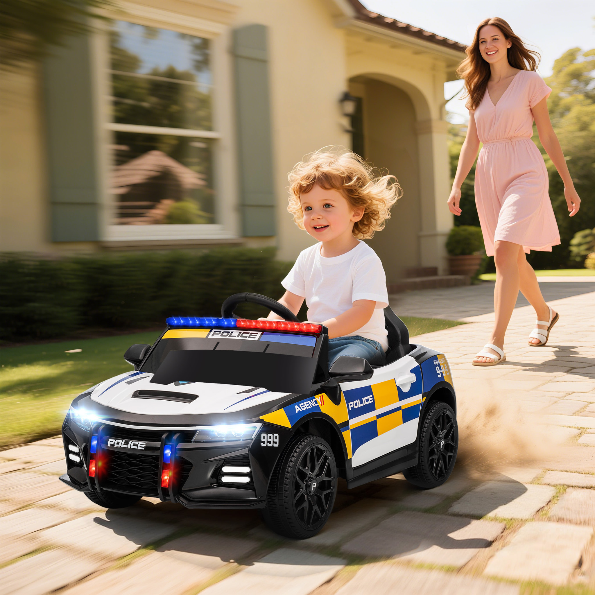 Coche Eléctrico para Niños de Policía, Coche de Batería para Niño de +3 Años 12V, con Mando a Distancia 2,4G, Luces, Sirena, Música, USB, Suspensión de Muelle, Multicolor