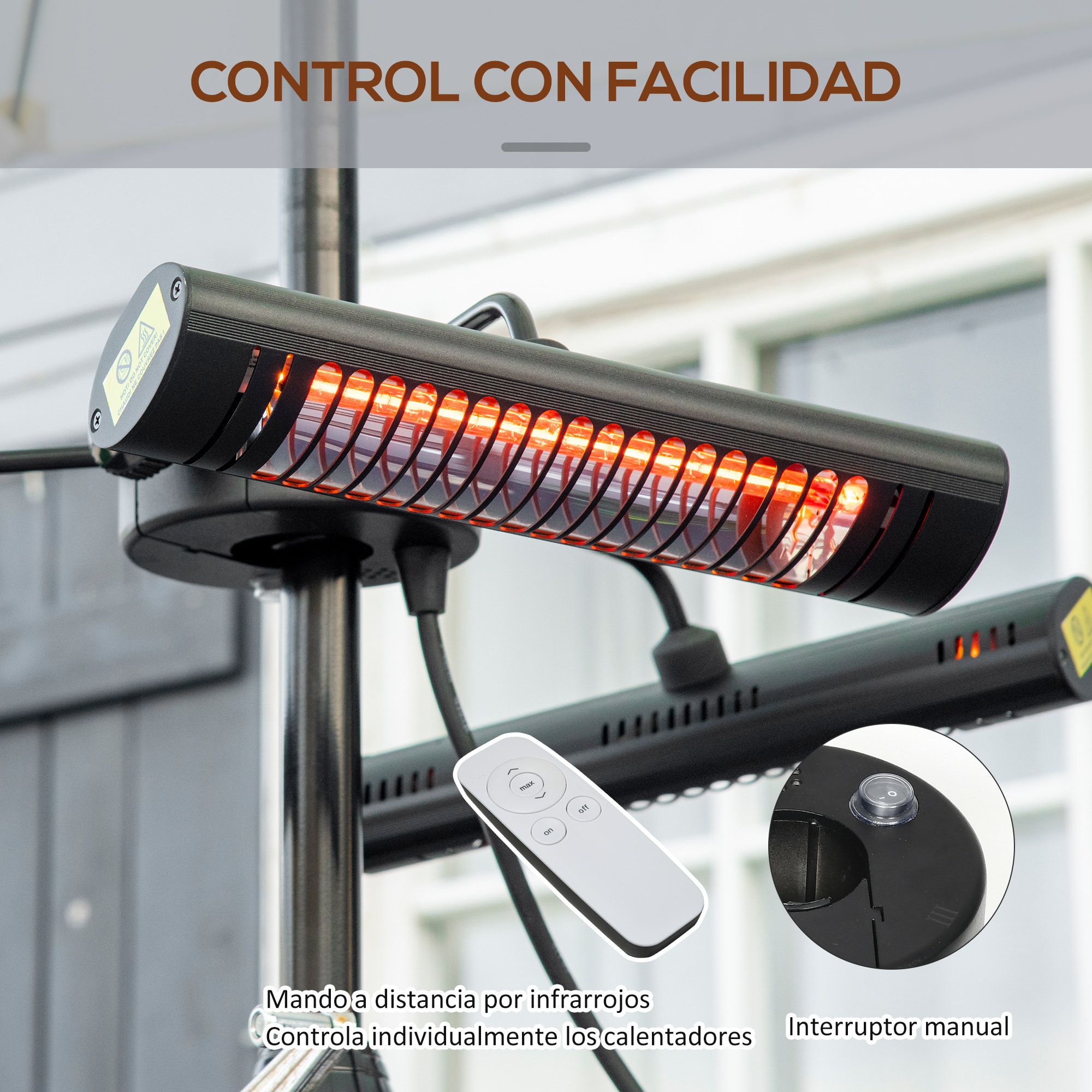 Calefactor Eléctrico Exterior con 3 Paneles 1000W con Control Remoto 87x75x22 cm