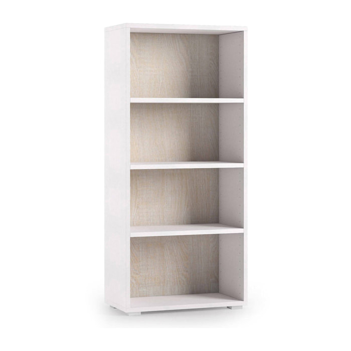 Libreria Aky, Biblioteca a 3 ripiani regolabili, Scaffale per libri, Mobile da parete con ripiani, 100% Made in Italy, 60x30h130 cm, Bianco e Rovere