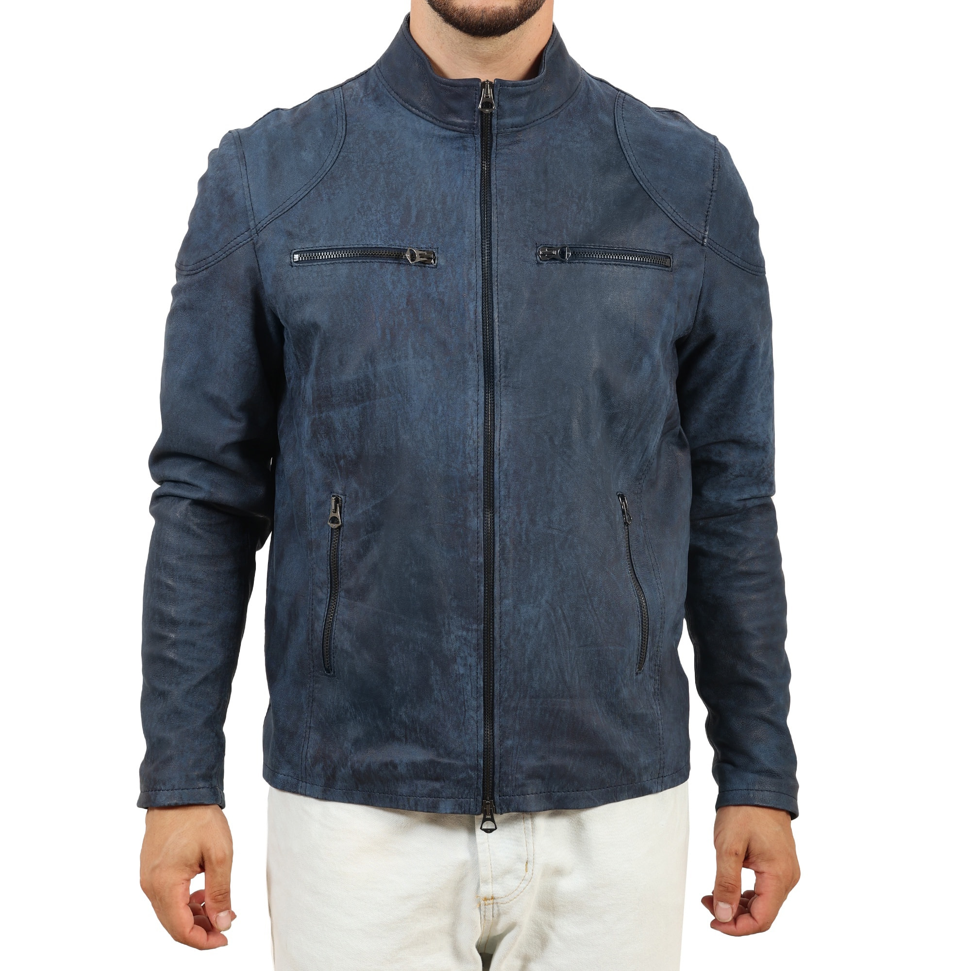 Giubbino in pelle di vitello rifinizione dakota blu jeans-Slim Fit