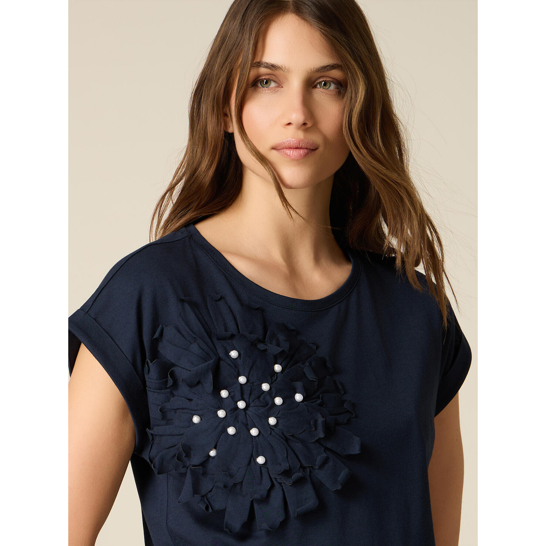 Oltre - T-shirt con applicazione e perle - Blu