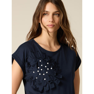 Oltre - T-shirt con applicazione e perle - Blu