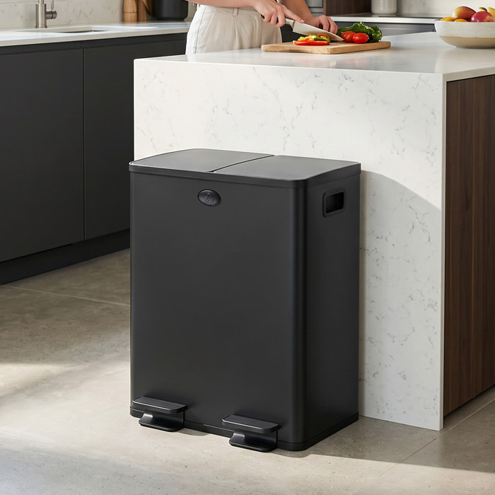 Cubo de Basura de Cocina con 2 Compartimentos 2x20L Papelera Cocina de Acero Inoxidable con Pedal Tapas de Cierre Suave y Cubo Extraíble para Reciclaje Residuos Restos de Comida Negro