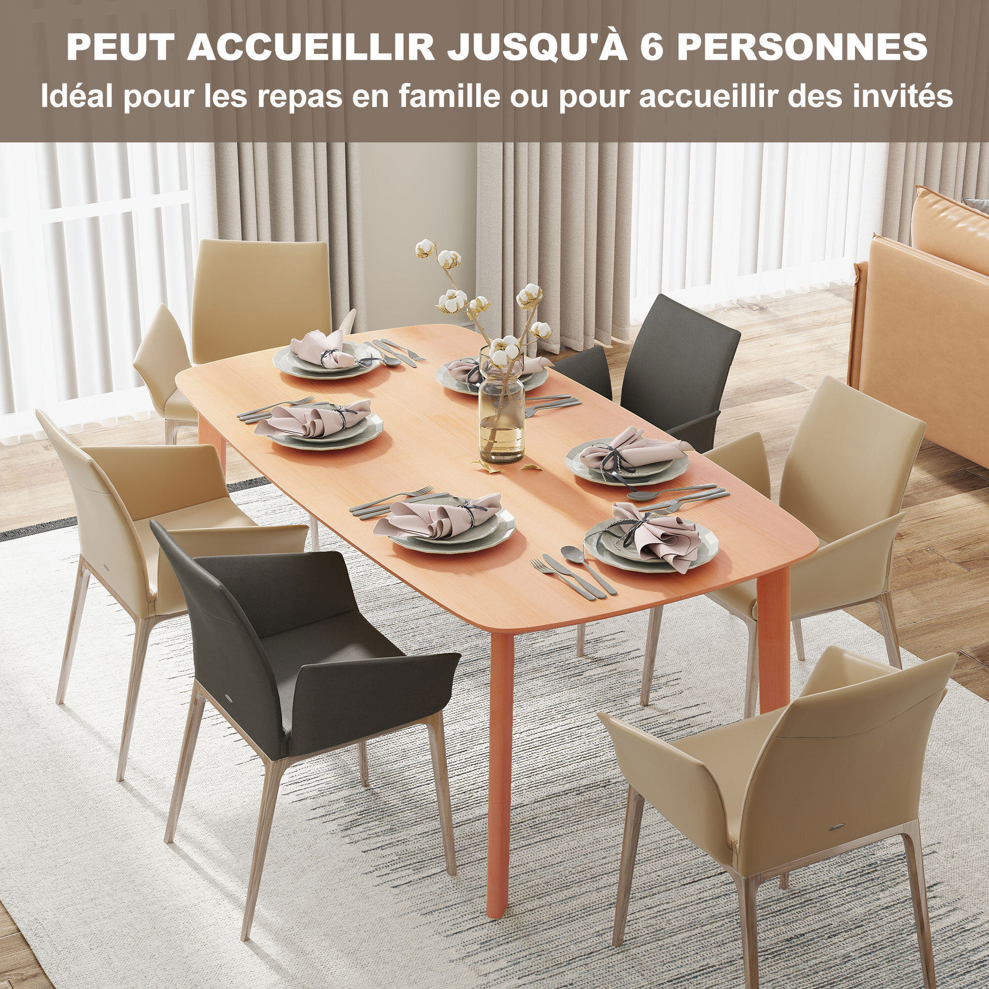 Table à manger 6 personnes dim. 150 x 80 cm bois de pin pré-huilé
